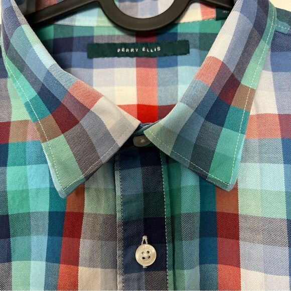 Perry Ellis Mens Shirt Size XL Blue Green Plaid Short Sleeve Button Up Cotton - Picture 5 of 12